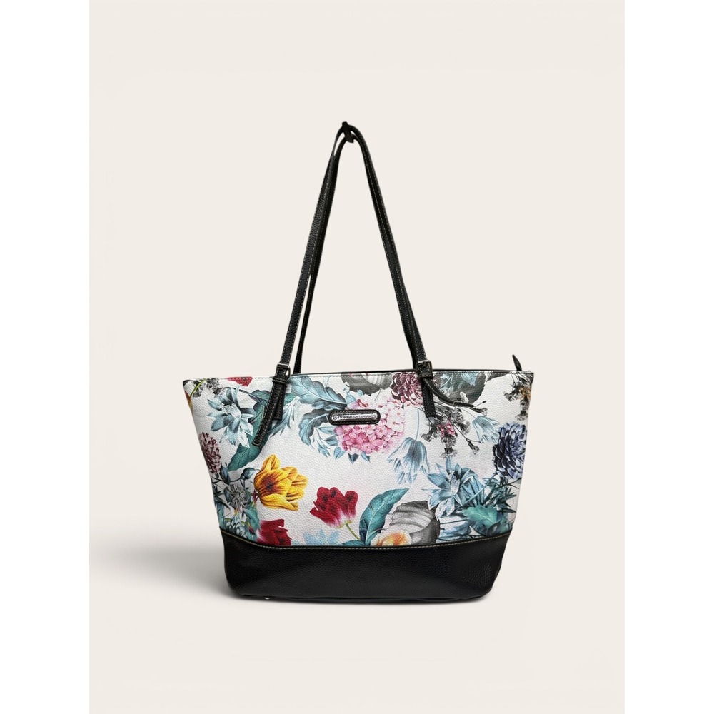 Stone Mountain USA Floral Purse Tote Bag Black Botanical Print Faux Leather EUC